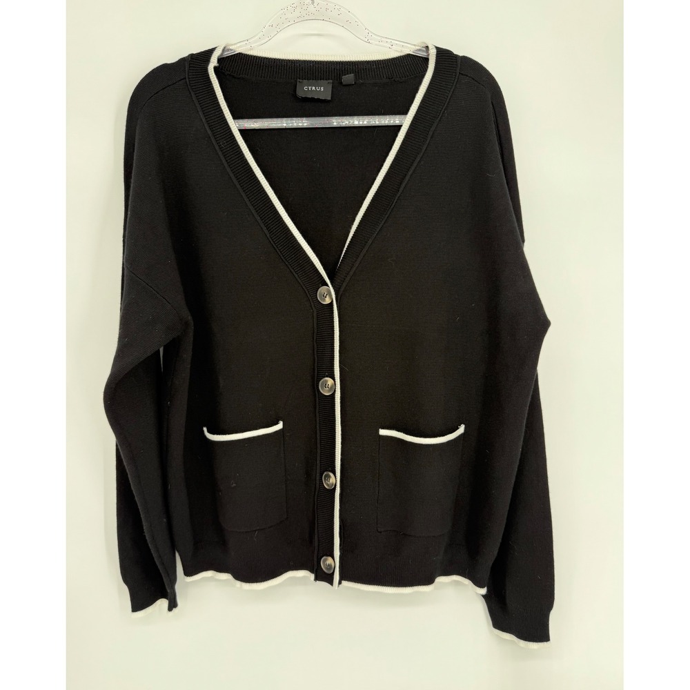 Cyrus Womens Black Contrast Trim V-Neck Button Front Cardigan Sweater Sz XL